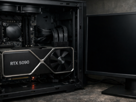 RTX 5090 graphics card installed in a PC showing no display due to bricked GPU issue