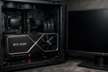 RTX 5090 graphics card installed in a PC showing no display due to bricked GPU issue