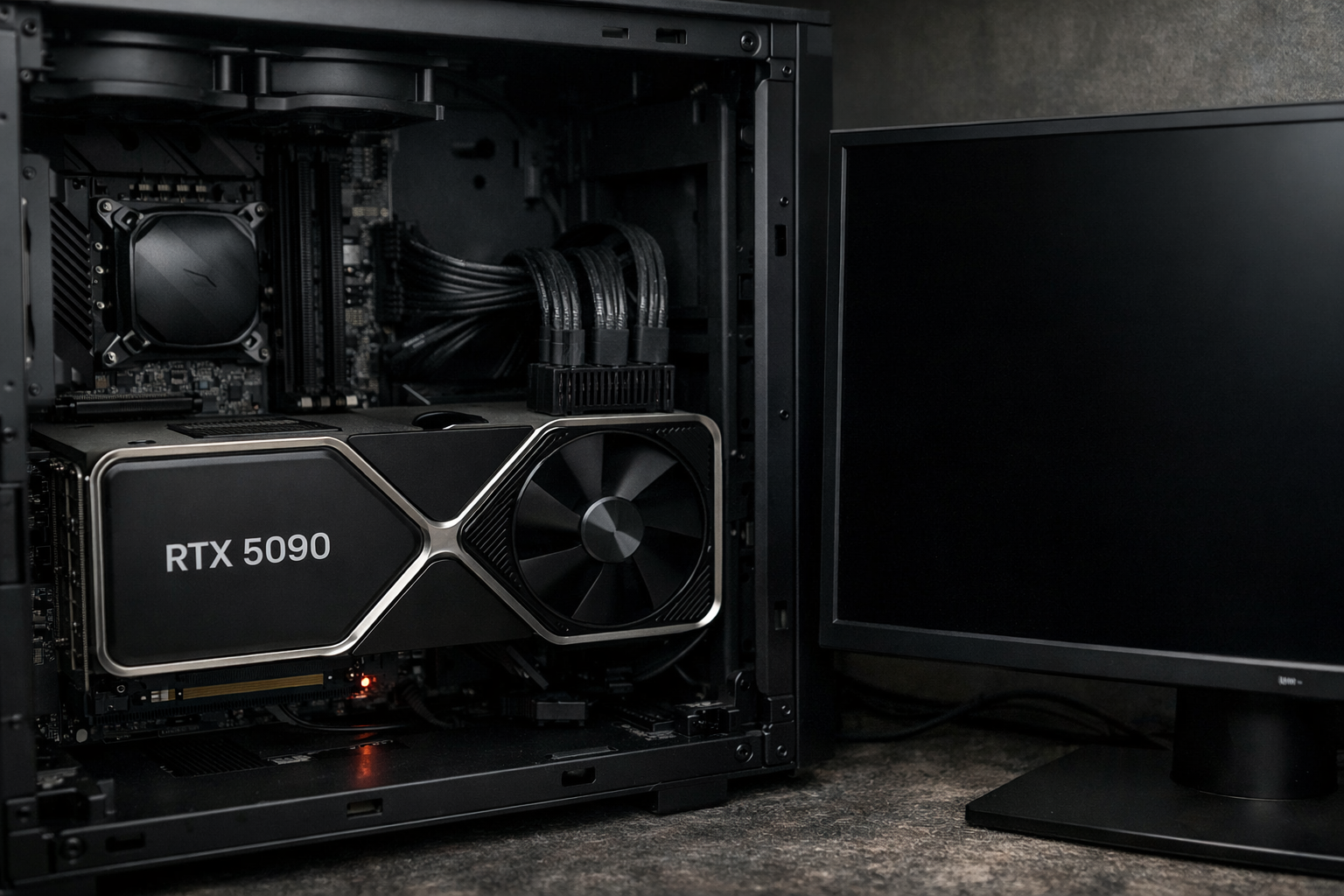 RTX 5090 graphics card installed in a PC showing no display due to bricked GPU issue