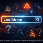 Search bar displaying the word “Jancilkizmor” surrounded by warning icons and question marks representing online safety concerns.