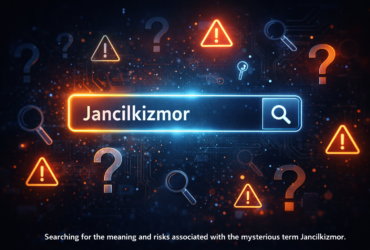 Search bar displaying the word “Jancilkizmor” surrounded by warning icons and question marks representing online safety concerns.