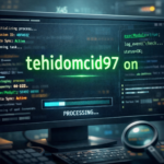Illustration showing a computer screen with system code and the text “tehidomcid97 on,” representing a mysterious background process or system identifier.