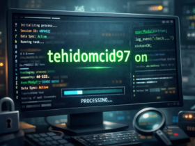 Illustration showing a computer screen with system code and the text “tehidomcid97 on,” representing a mysterious background process or system identifier.