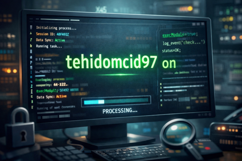 Illustration showing a computer screen with system code and the text “tehidomcid97 on,” representing a mysterious background process or system identifier.