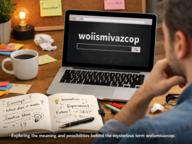 Person researching the meaning of the mysterious term woiismivazcop on a laptop