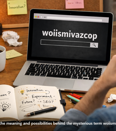 Person researching the meaning of the mysterious term woiismivazcop on a laptop