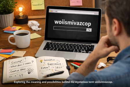 Person researching the meaning of the mysterious term woiismivazcop on a laptop
